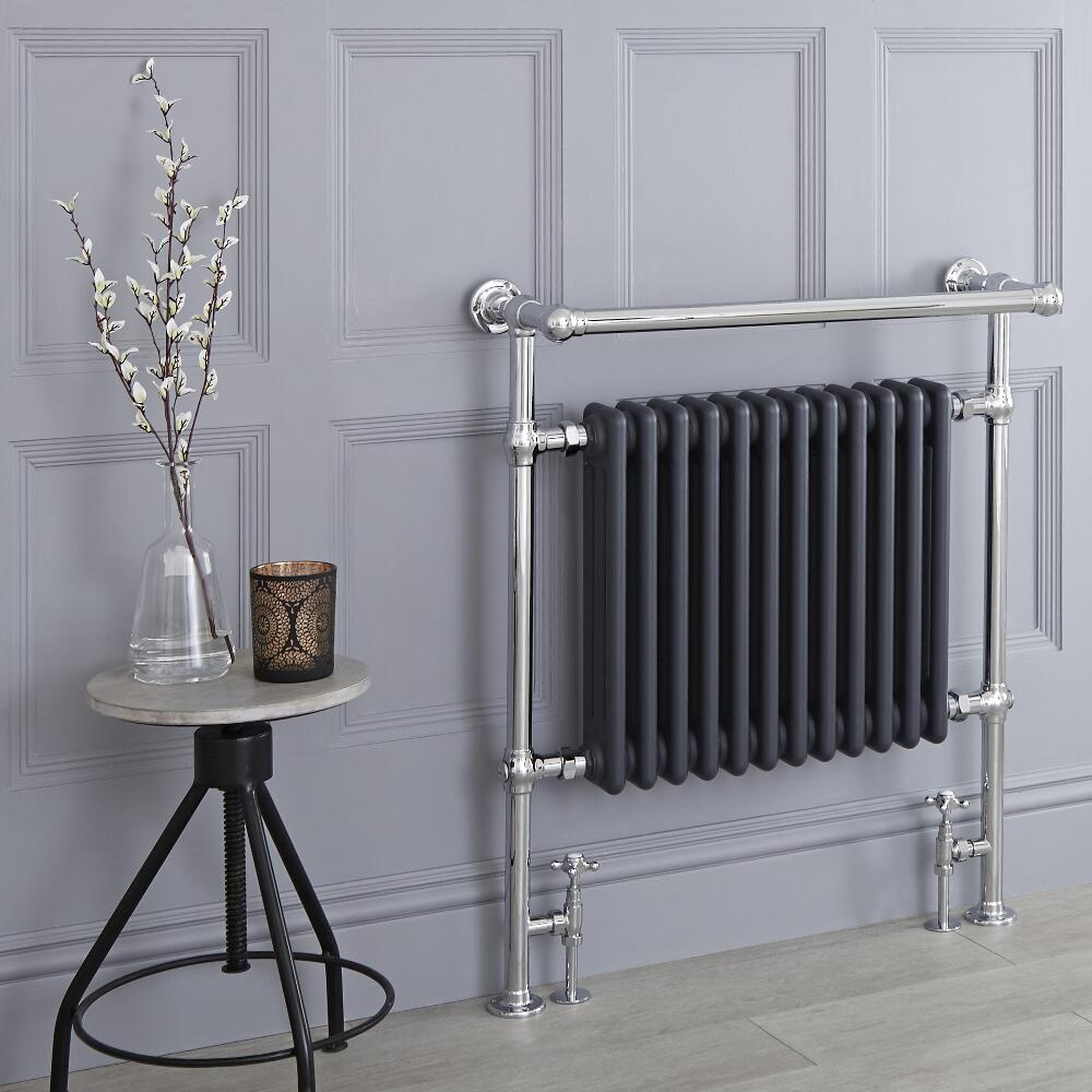 Milano Elizabeth - Anthracite Traditional Heated Towel Rail - 930mm x 790mm (With Overhanging Rail)