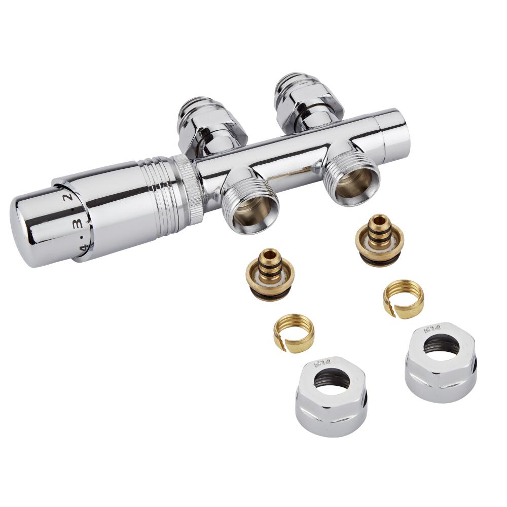 Chrome 3/4'' Male H Block Straight Valve with Chrome TRV & 14mm Multi Adapters
