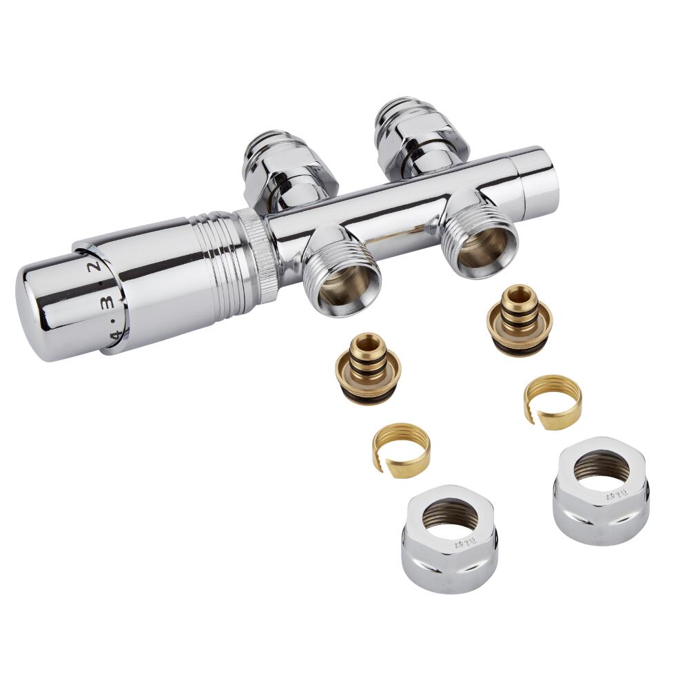 Chrome 3/4'' Male H Block Straight Valve with Chrome TRV & 16mm Multi Adapters