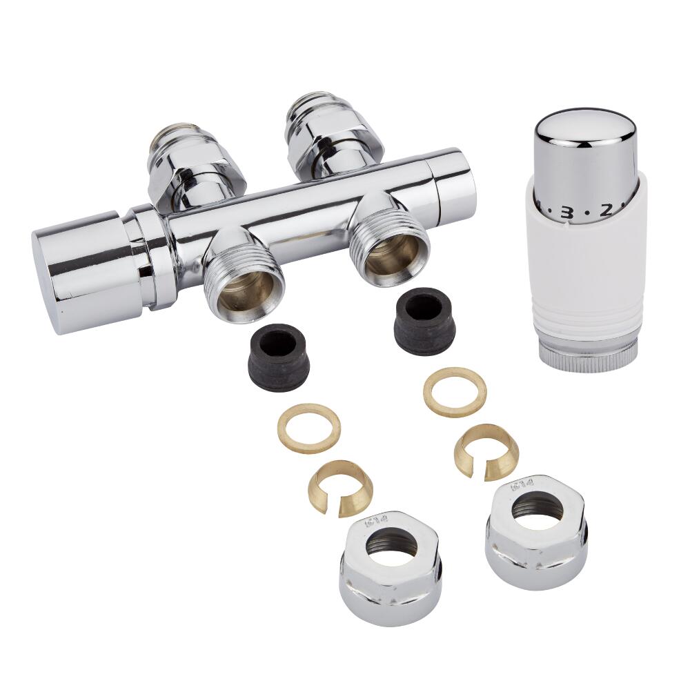 Chrome 3/4'' Male H Block Straight Valve with White TRV & 14mm Copper Adapters