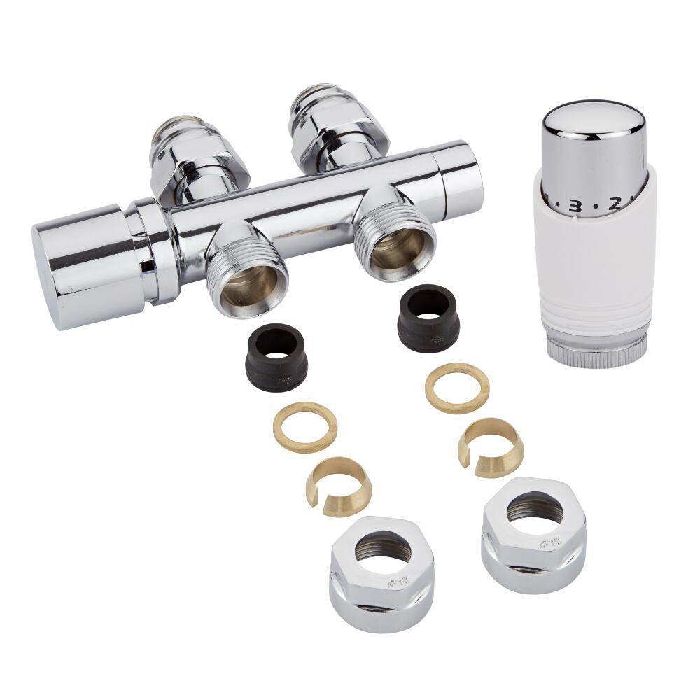 Chrome 3/4'' Male H Block Straight Valve with White TRV & 15mm Copper Adapters