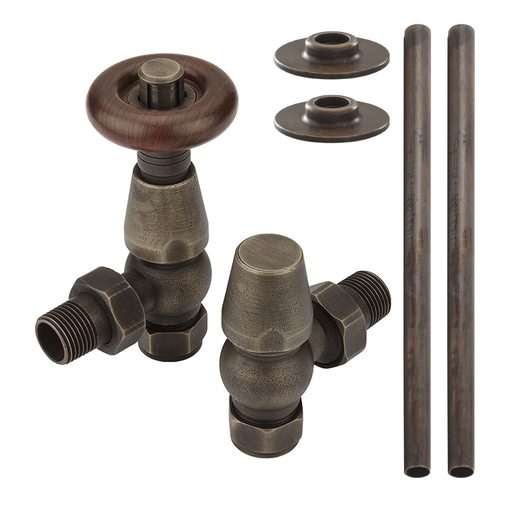 Milano Windsor - Traditional Thermostatic Angled Radiator Valve and Pipe Set Aged Bronze