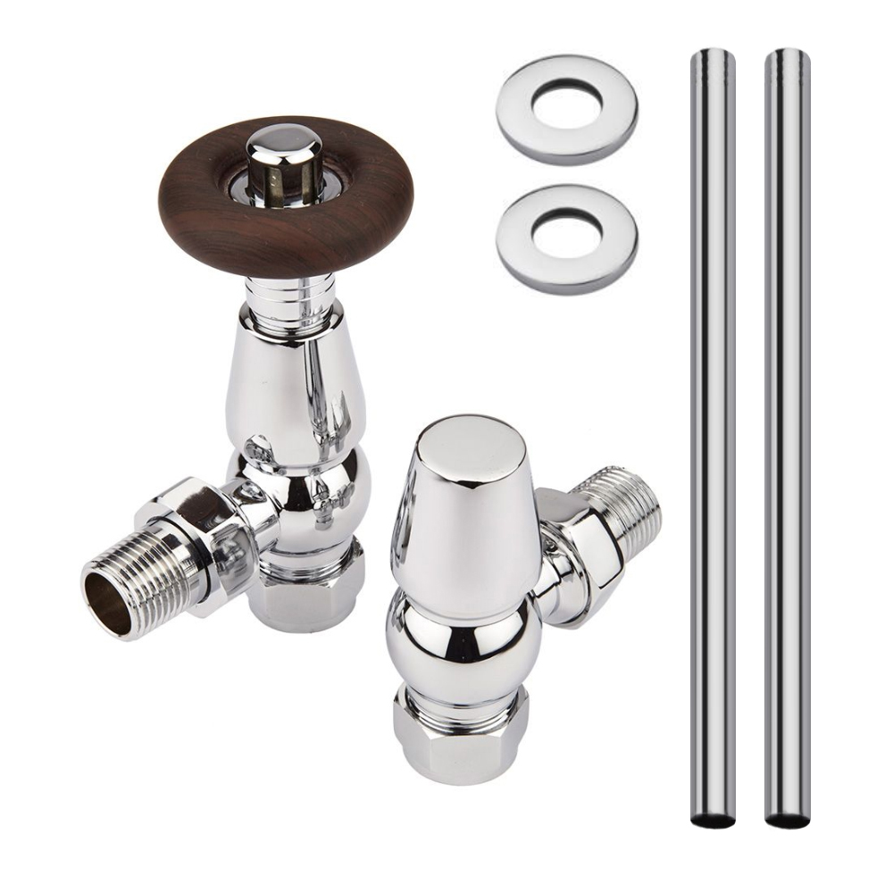 Milano Windsor - Traditional Thermostatic Angled Radiator Valve and Pipe Set Chrome