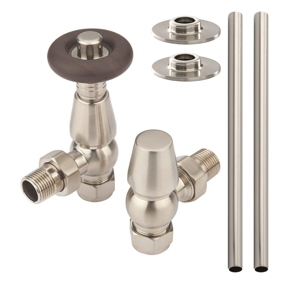 Milano Windsor - Traditional Thermostatic Angled Radiator Valve and Pipe Set Satin