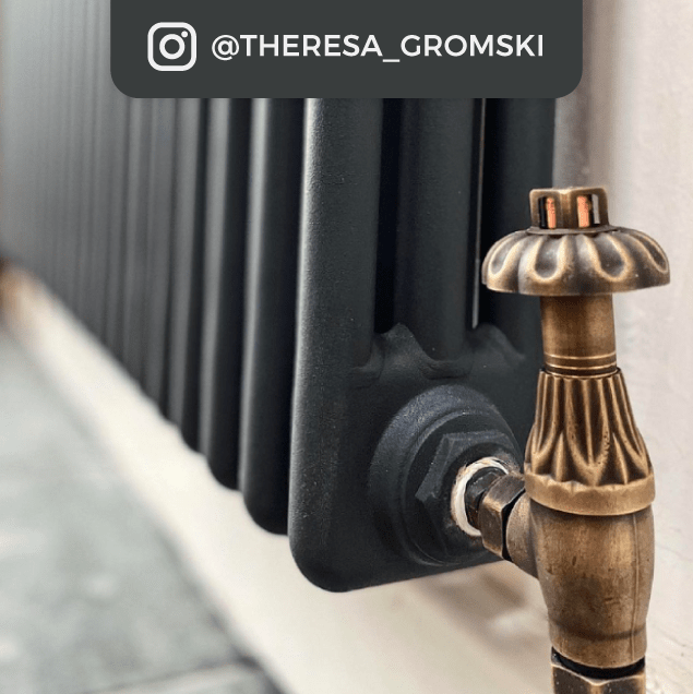 Customer image featuring a close up of a traditional radiator valve on a grey traditional radiator
