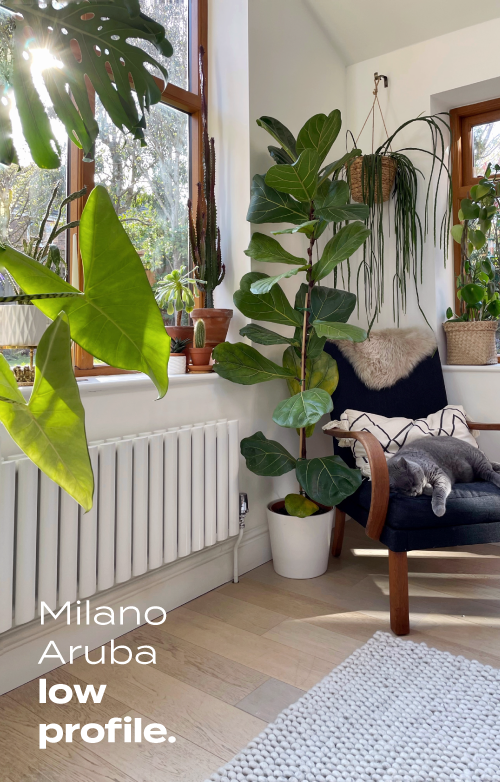White Low Profile Milano Aruba designer radiator in the home of bamaluzhome