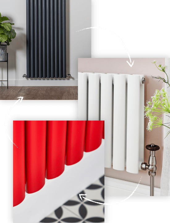 The Milano Aruba designer radiator range Three Milano Aruba radiator styles in grey white and red