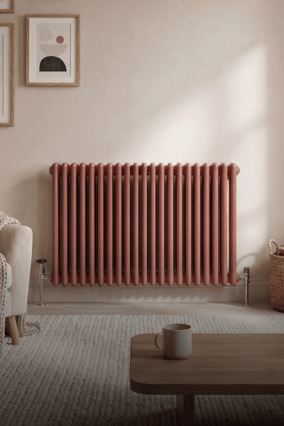 Designer radiator in a styled living room setting