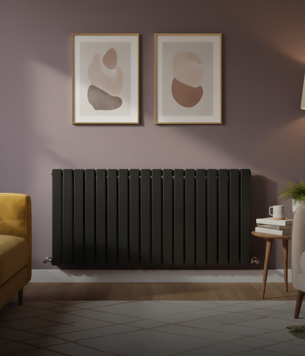 Wide horizontal radiator on a living room wall